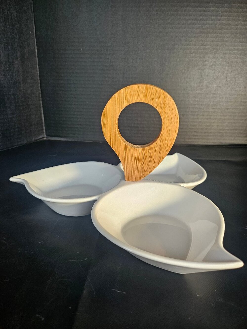 Brandani White Porcelain 3 Section Appetizer Serving Dish With Bamboo Handle